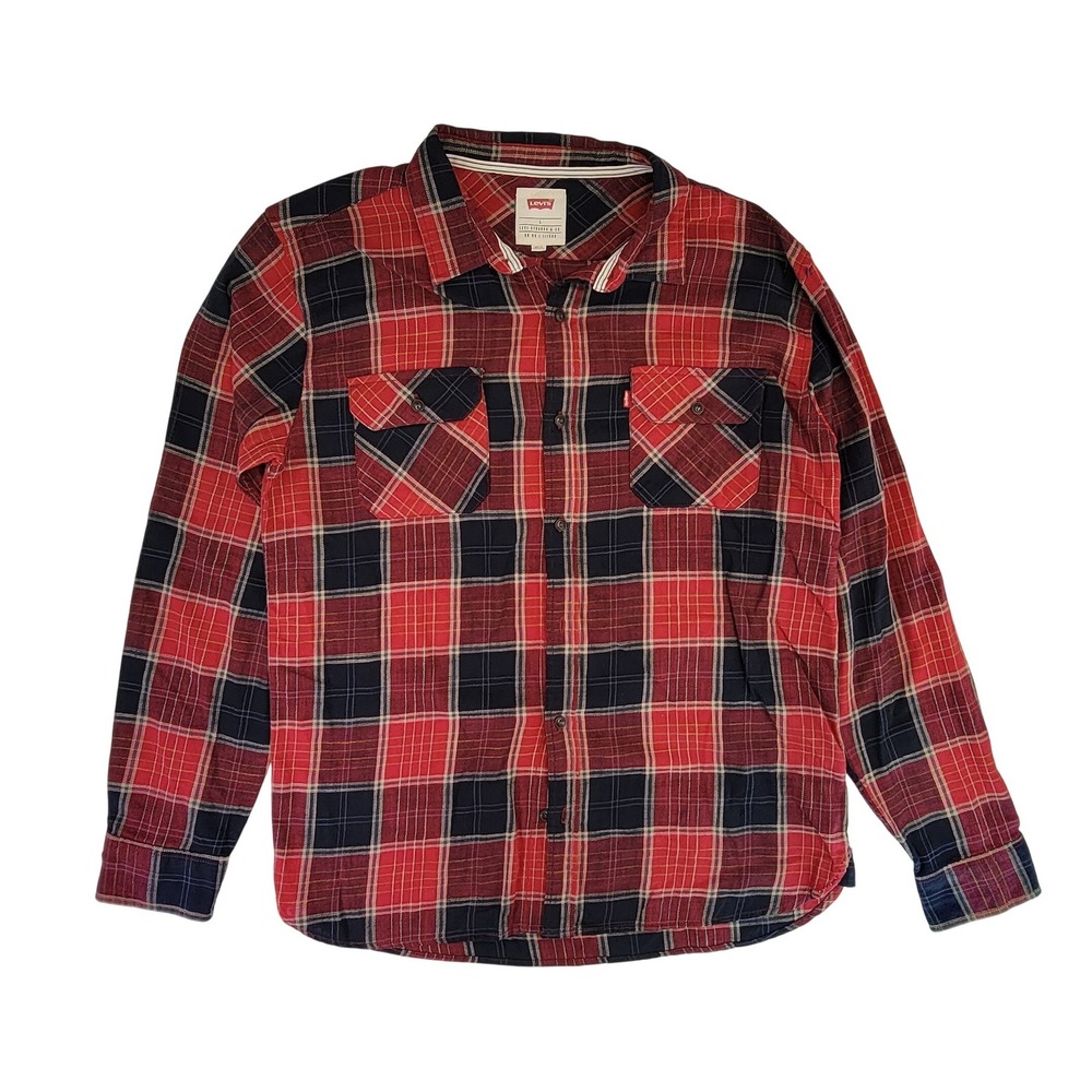 Levi Strauss Co Mens Red Black Plaid Flannel Long Sleeve Button‎ Up Shirt Size L